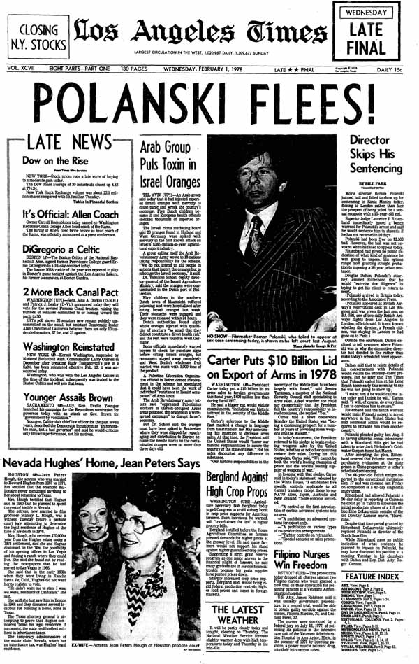 روزنامه لس آنجلس تایمز چهارشنبه اول فوریه 1978 که خبر فرار پولانسکی از ایالات متحده را منتشر کرده است 