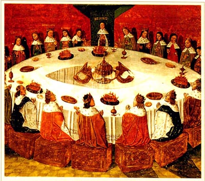 یک نقاشی قدیمی از آرتورشاه و دلاوران میزگرد همراه با جام مقدس. پرسیوال سمت چپ آرتورشاه نشسته است